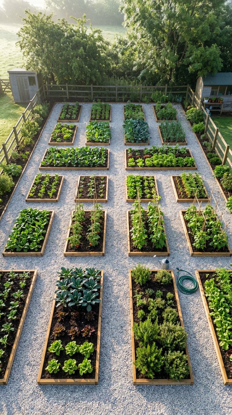 Vegetable garden with gravel pathways and clearly edged raised beds