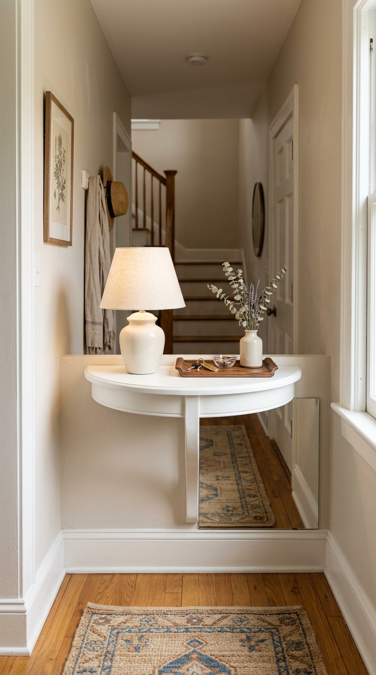 Wall-mounted demilune table in a narrow small entryway