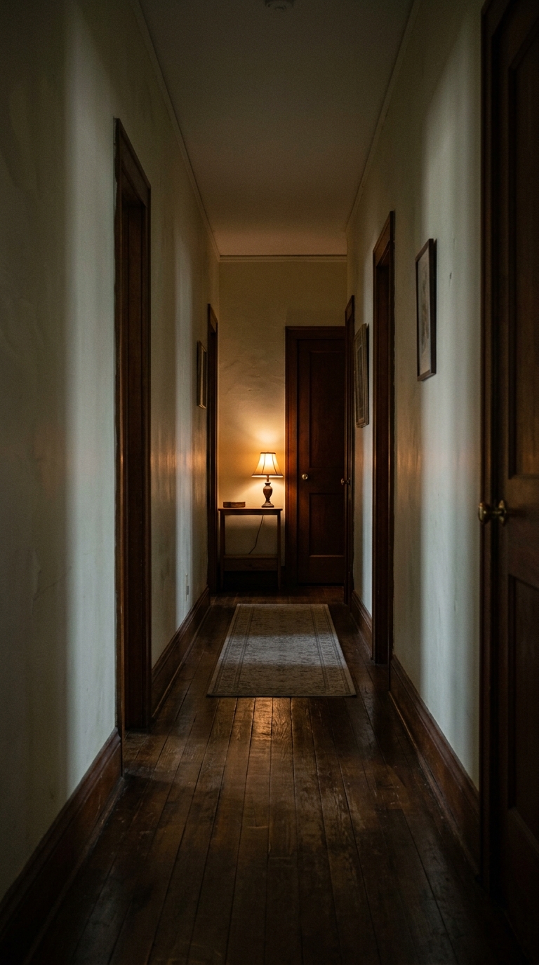 Warm lamp lighting the far end of a narrow entryway hallway
