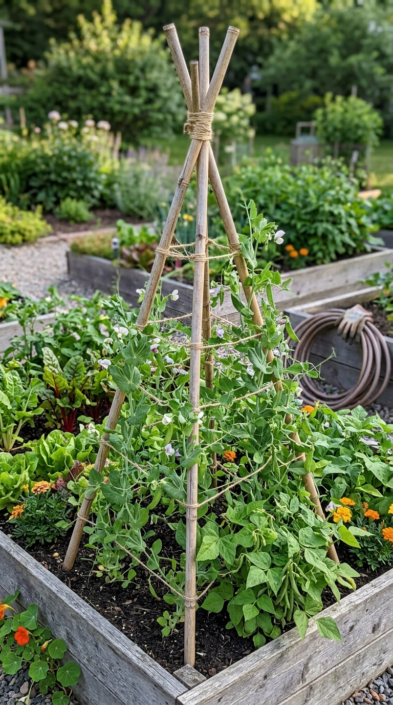 DIY bamboo teepee trellis for climbing peas in a potager garden