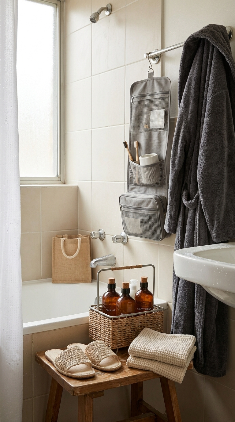 College dorm bathroom essentials with shower caddy, towels, and toiletries