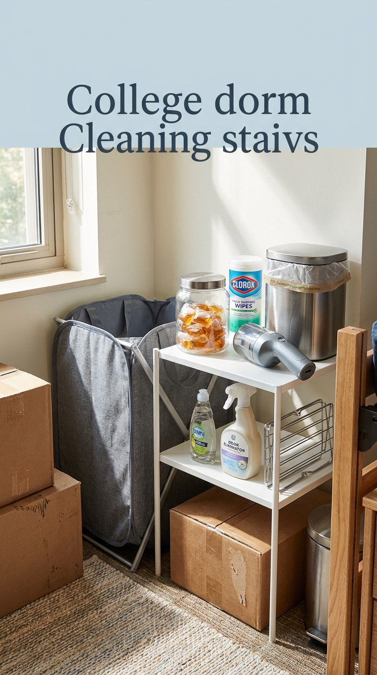 Organized dorm cleaning supplies including laundry hamper and handheld vacuum