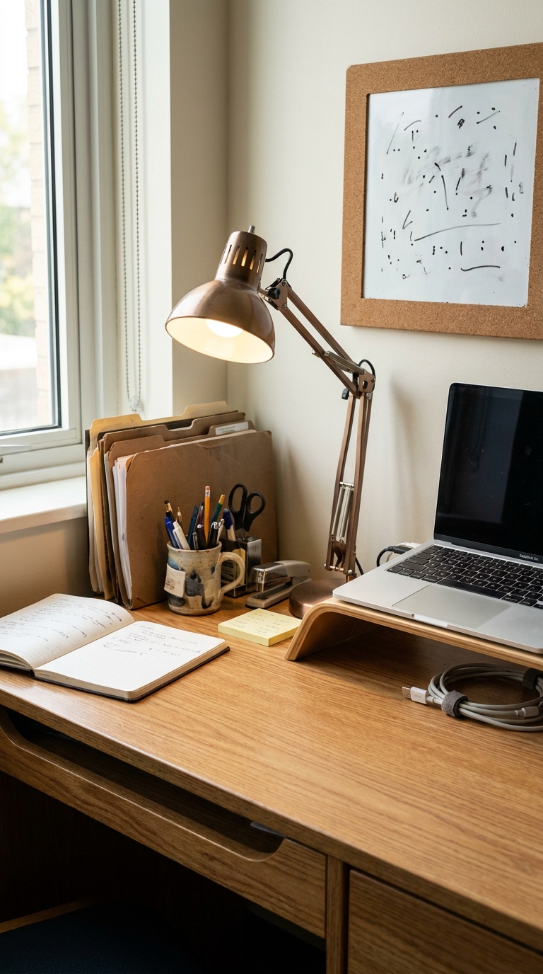 Organized college dorm study desk with laptop, lamp, and school supplies
