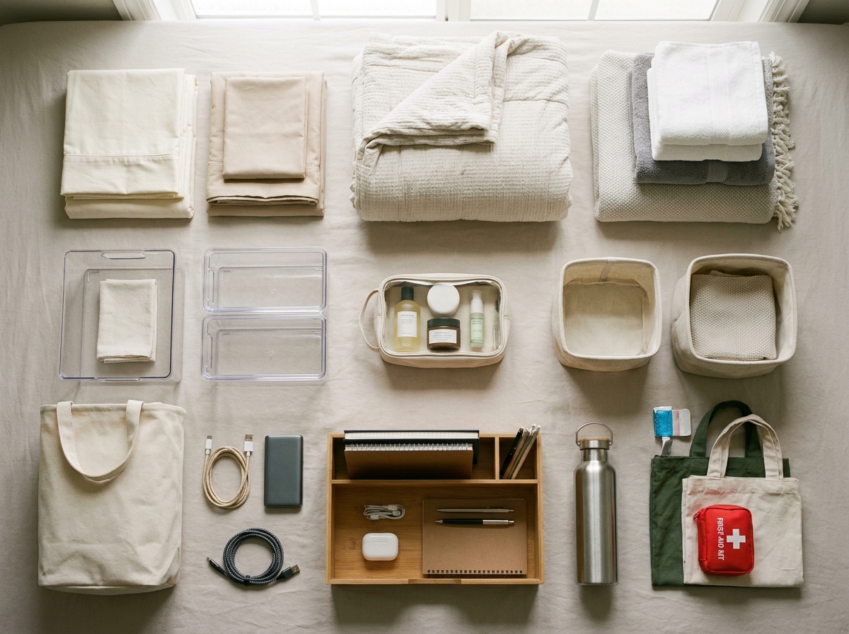 Pinterest graphic showing a college dorm room with essential items and the text This Dorm Essentials List Covers Everything Yes Even the Stuff You'll Forget.
