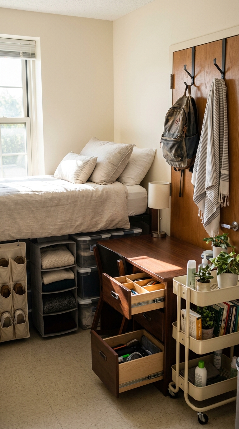 Organized college dorm room with under-bed storage and closet organizersOrganized college dorm room with under-bed storage and closet organizers
