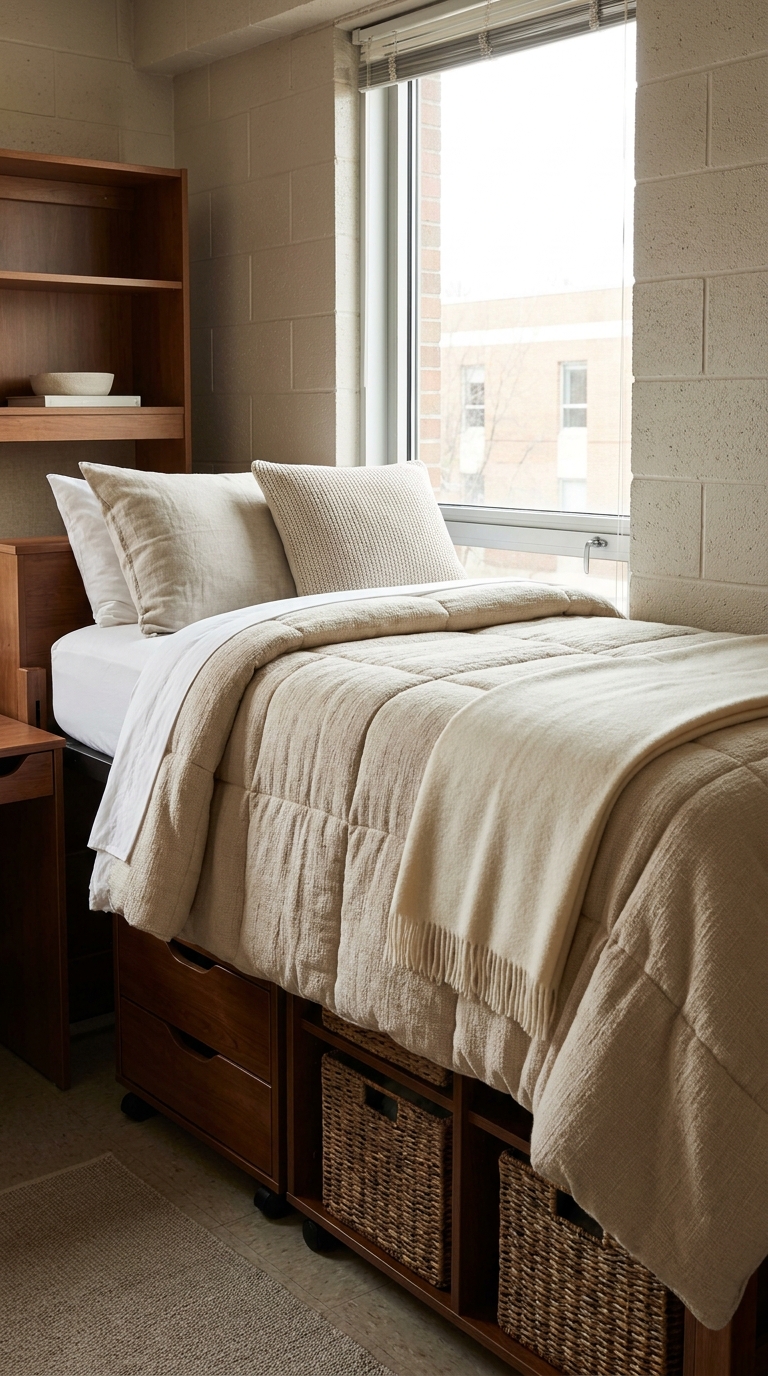 Twin XL dorm bed with comfortable bedding and mattress topper