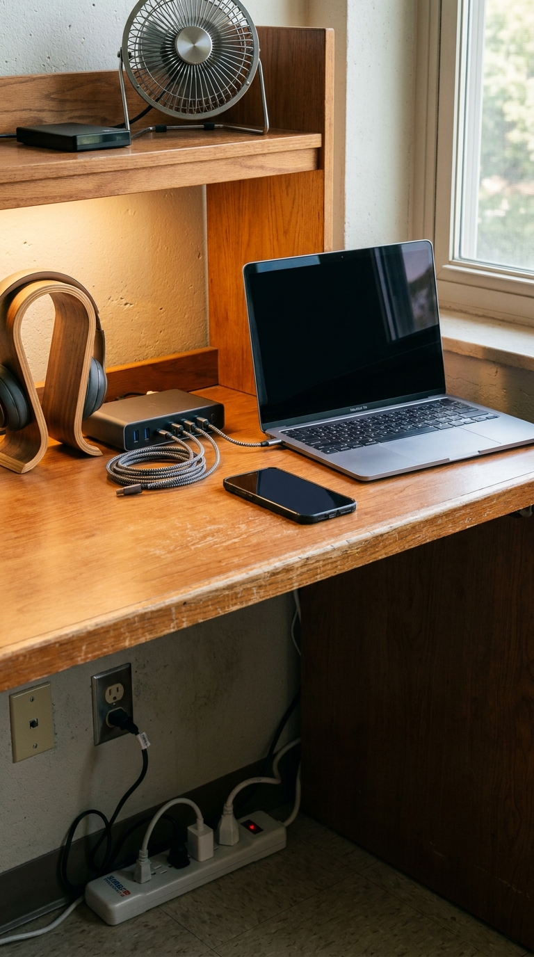 College dorm desk with laptop, charging station, headphones, and electronics