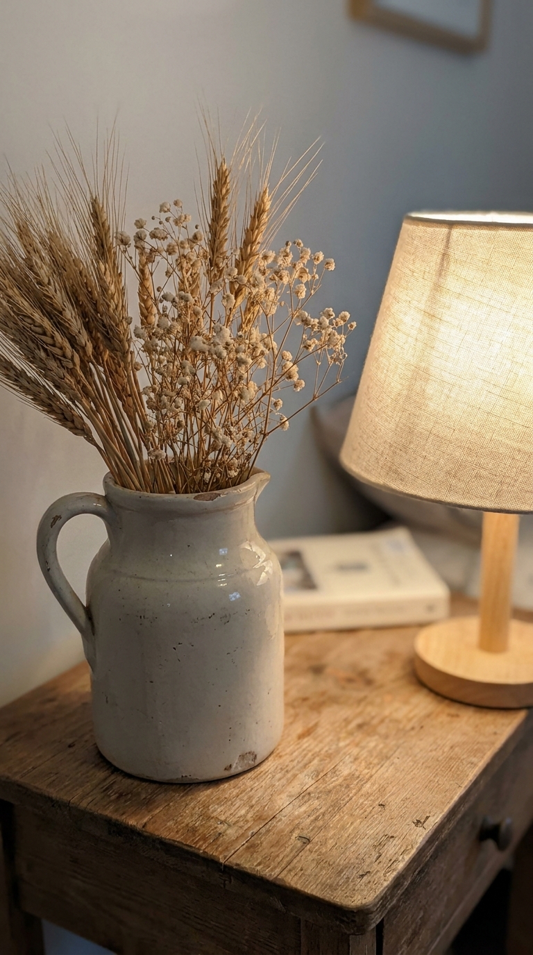 Ceramic jug of dried wheat and baby's breath on a wooden nightstand