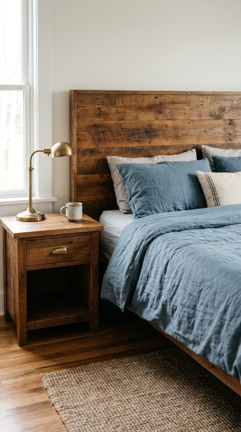 Bedroom with a dusty blue duvet, warm wood furniture, and brass hardware