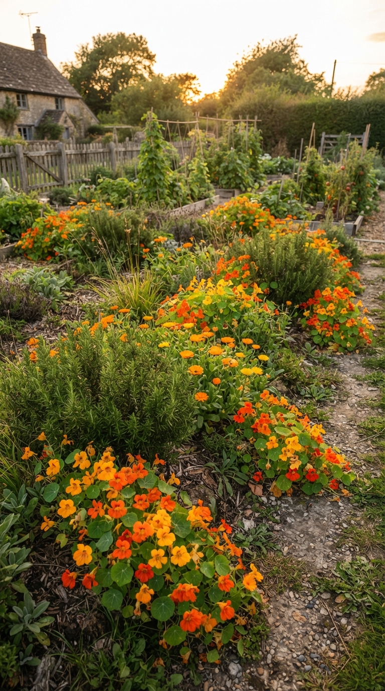 Edible flower border with nasturtium and calendula planted alongside rosemary