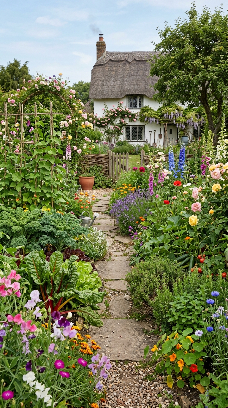 English cottage-style kitchen garden with mixed vegetables and flowers