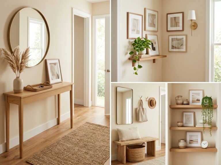 Entryway wall decor collage with mirrors, gallery walls, shelves, hooks, and artwork for blank walls