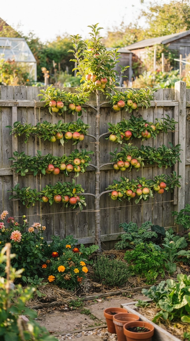 Espaliered apple tree trained against a fence in a backyard vegetable garden