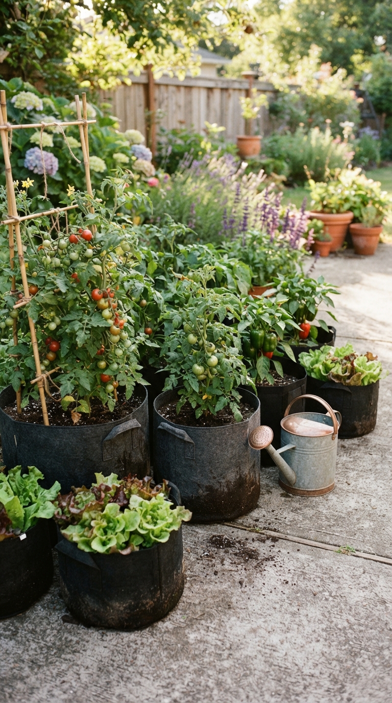 Fabric grow bags filled with tomatoes, peppers and lettuce on a patio