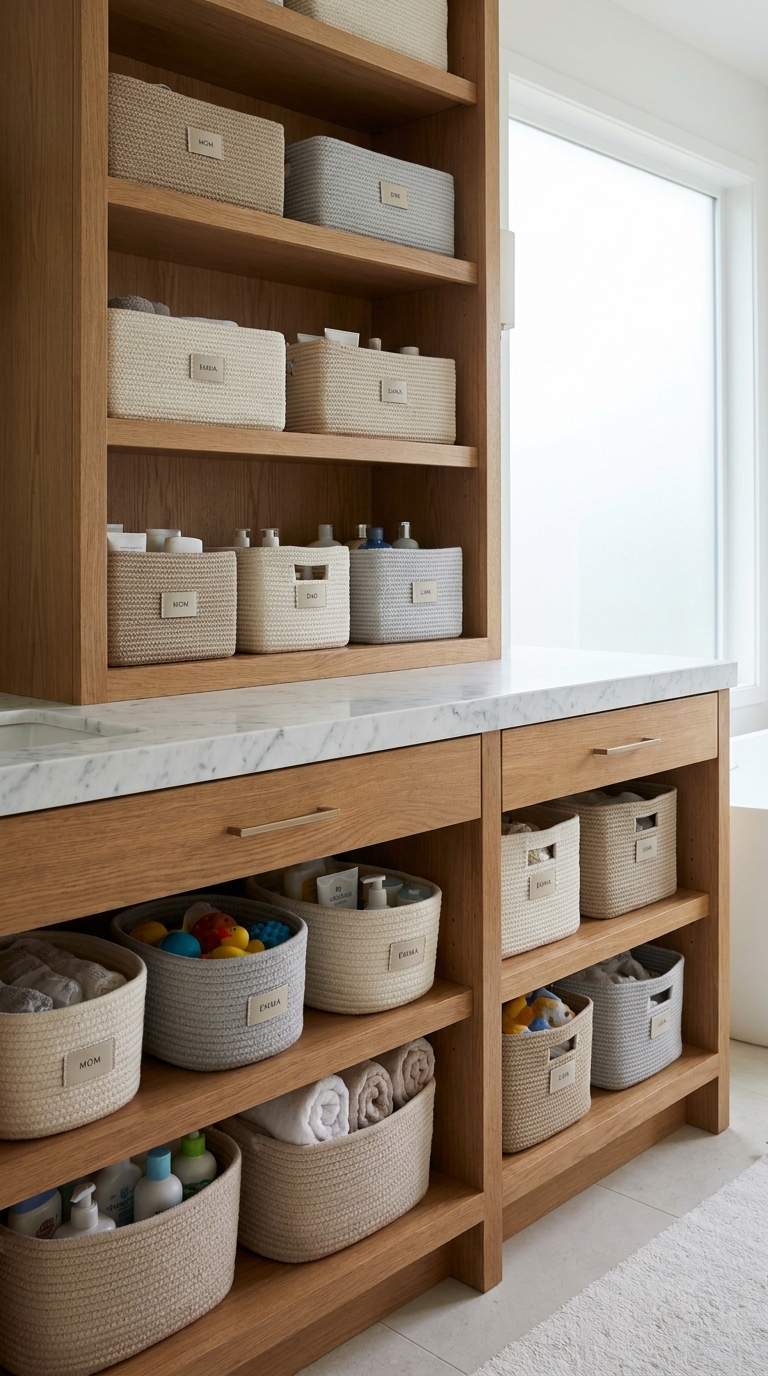 Family bathroom cabinet divided into organized personal storage zones