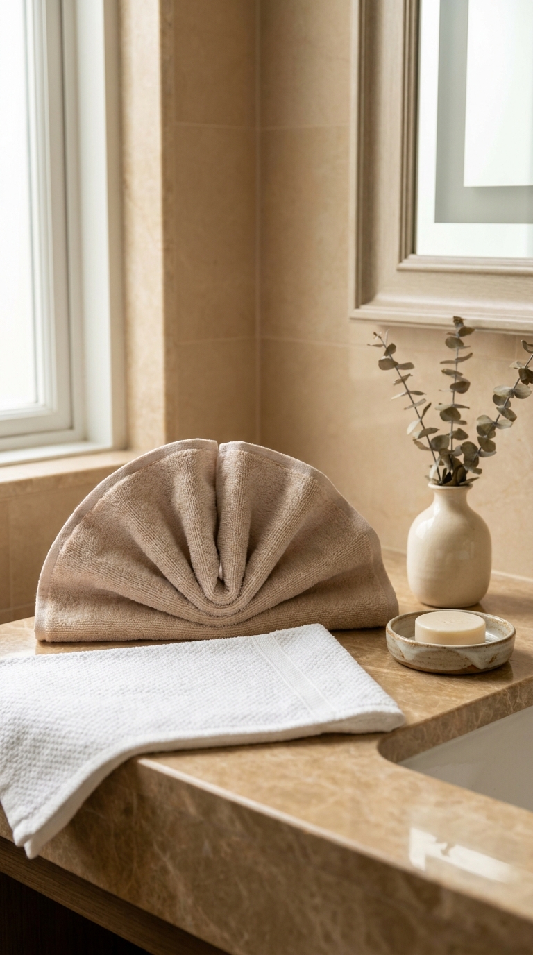 Fan-folded hand towel displayed on a luxury guest bathroom counter