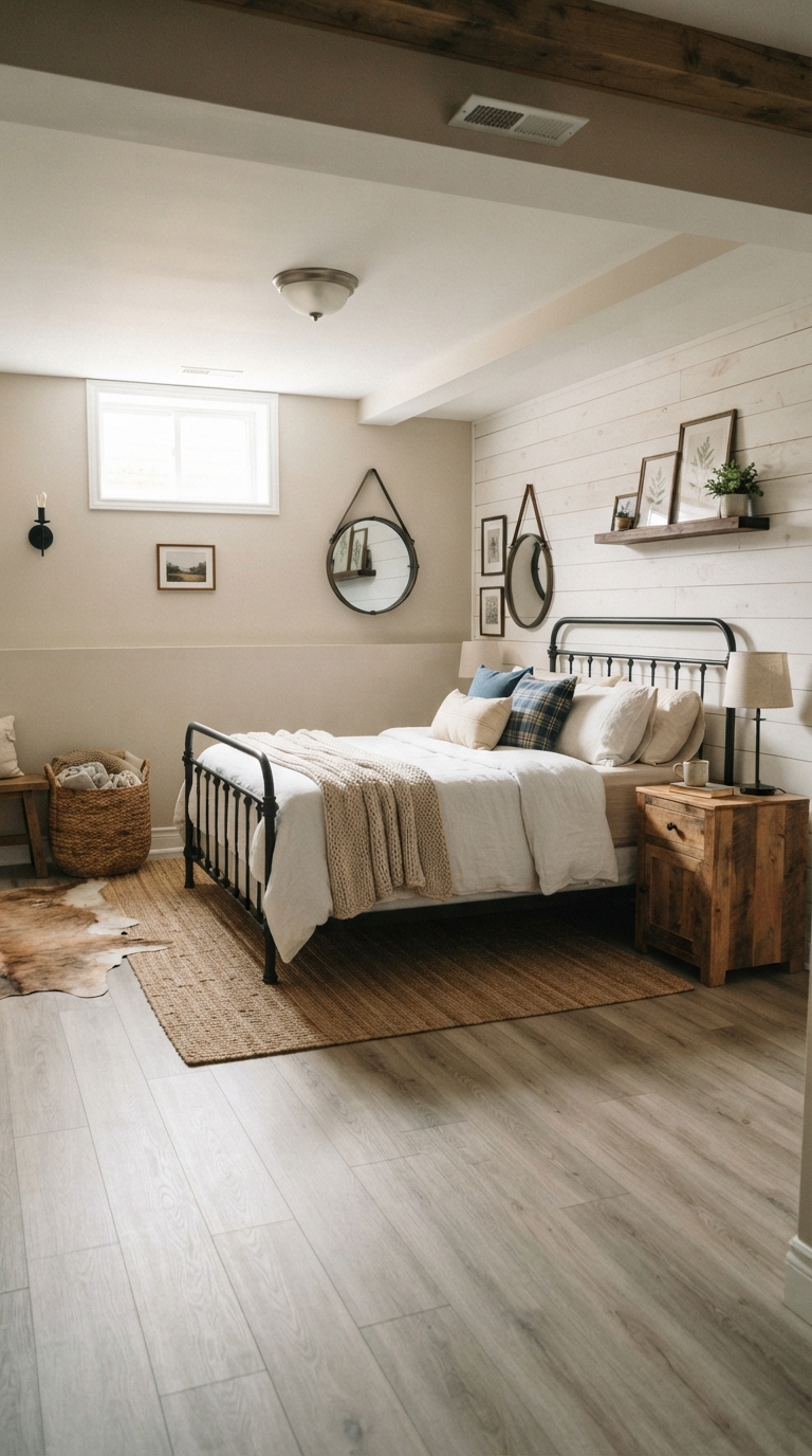 Farmhouse basement bedroom with shiplap accent wall and black hardware