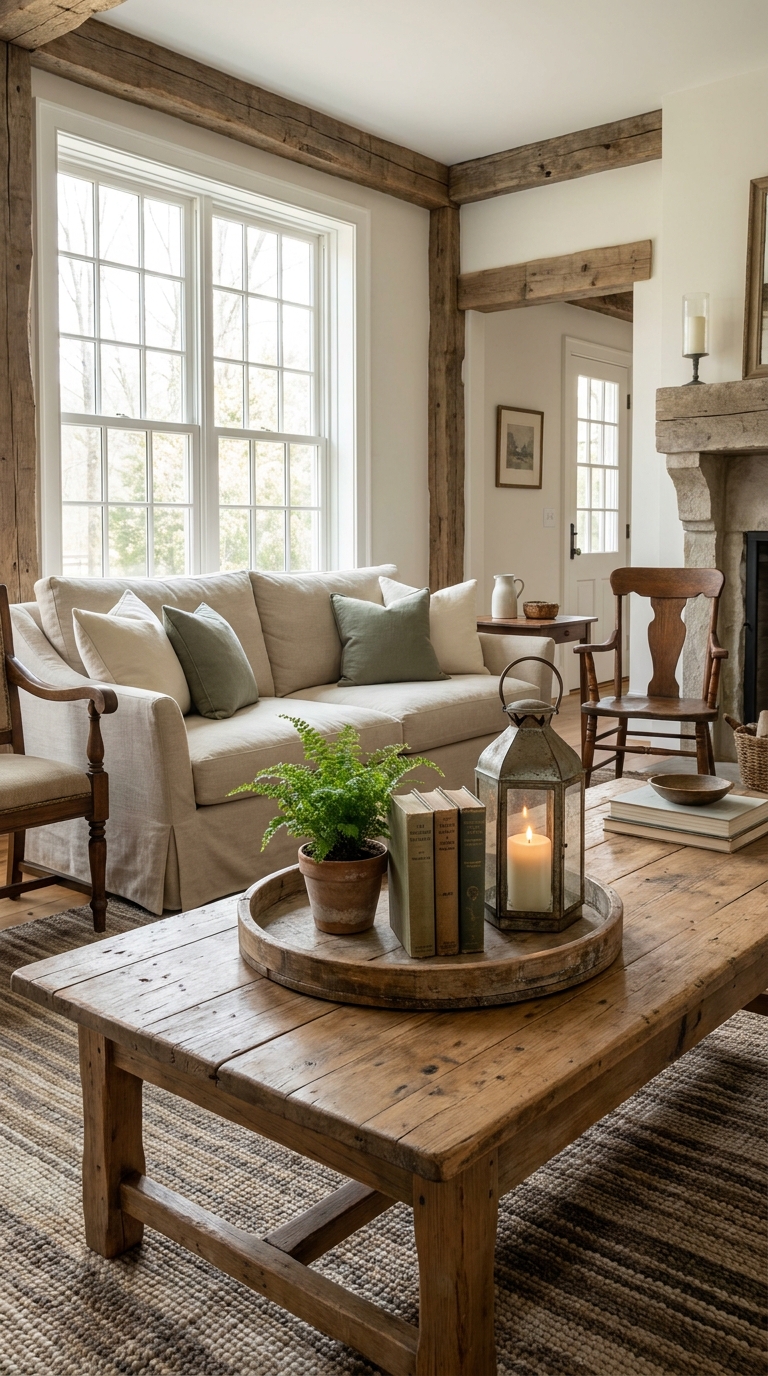 Rustic farmhouse coffee table with wooden tray, plant, vintage books, and lantern.