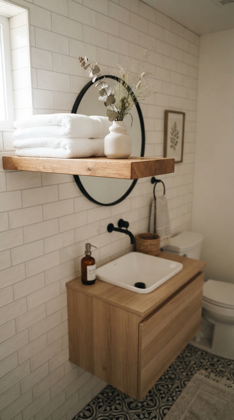 Styled floating shelf in a small half bathroom