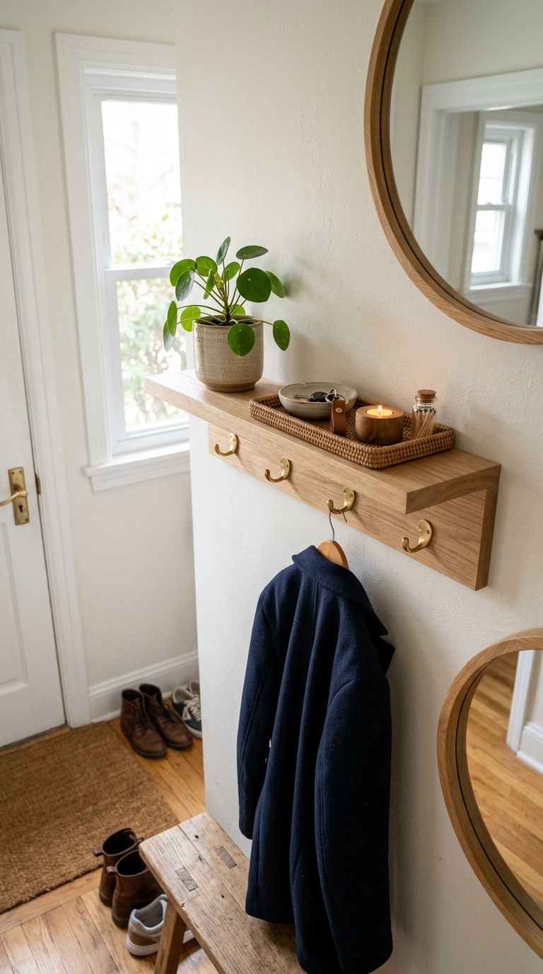 Oak floating shelf with hooks underneath holding a coat in an entryway