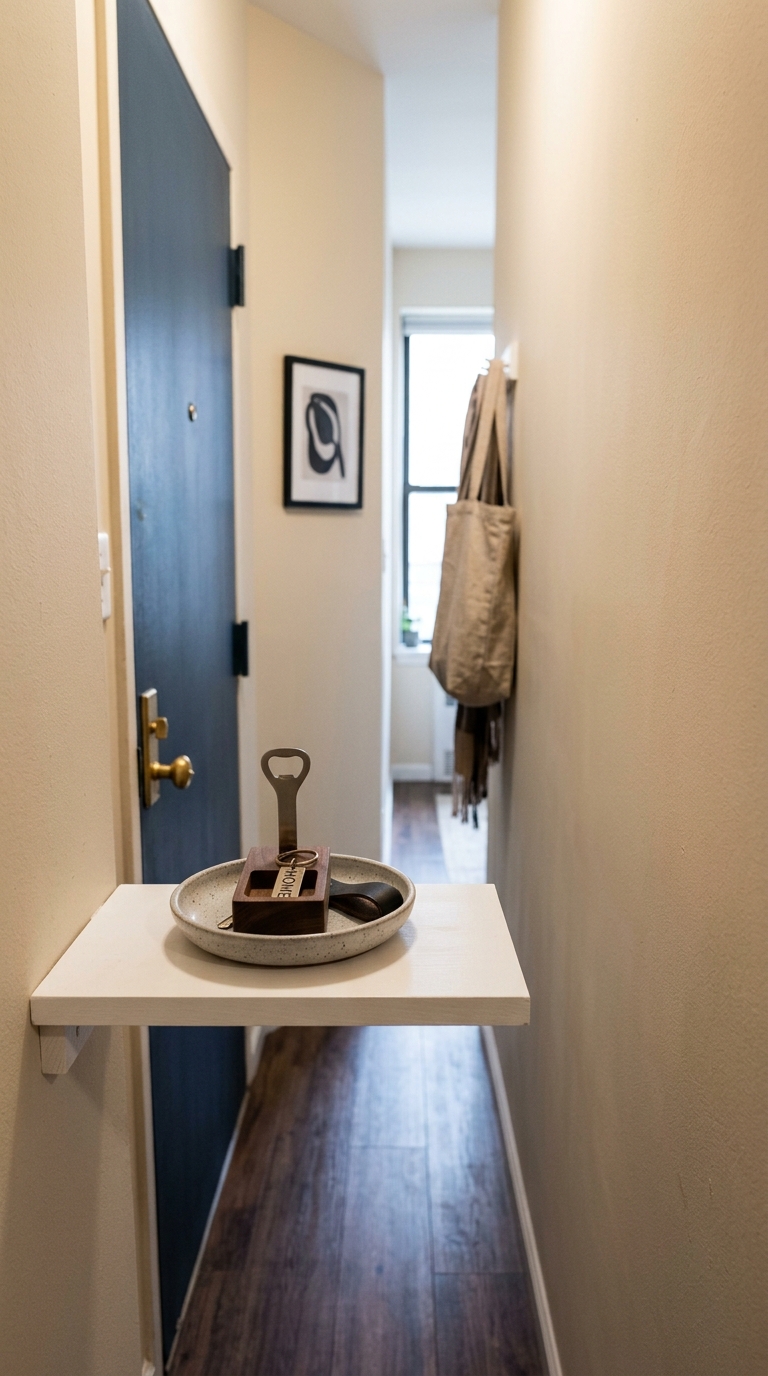 Floating shelf used as a landing zone in a tiny entryway