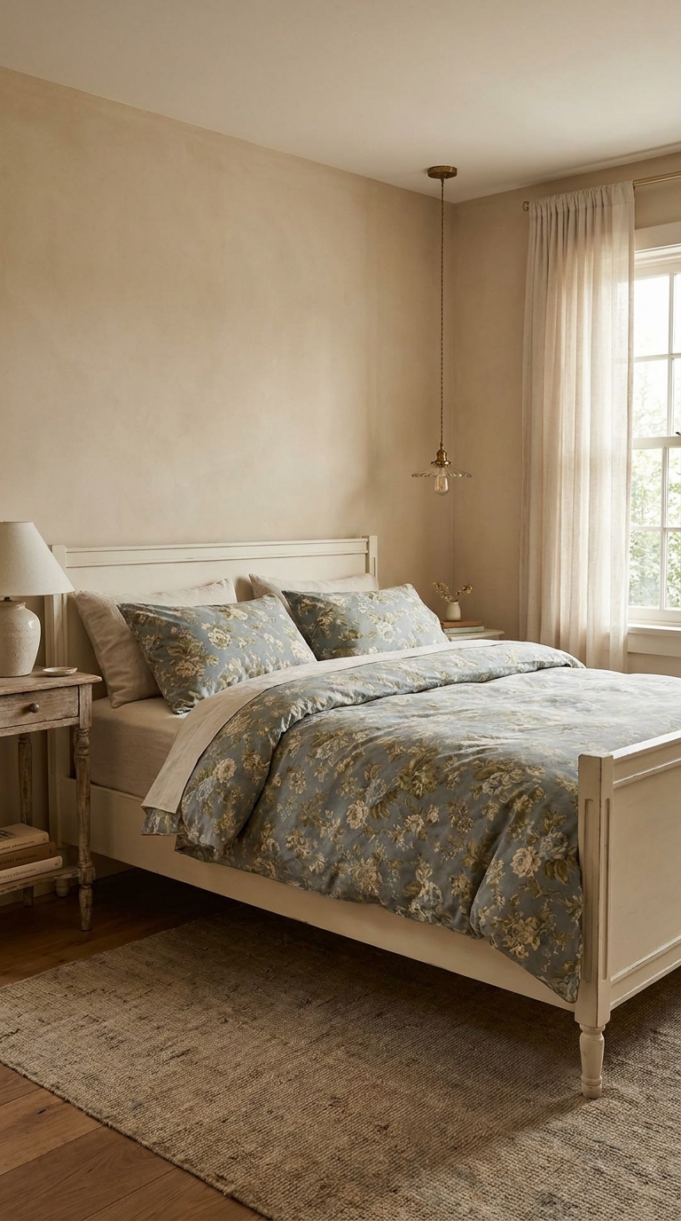 French country bedroom with muted floral bedding