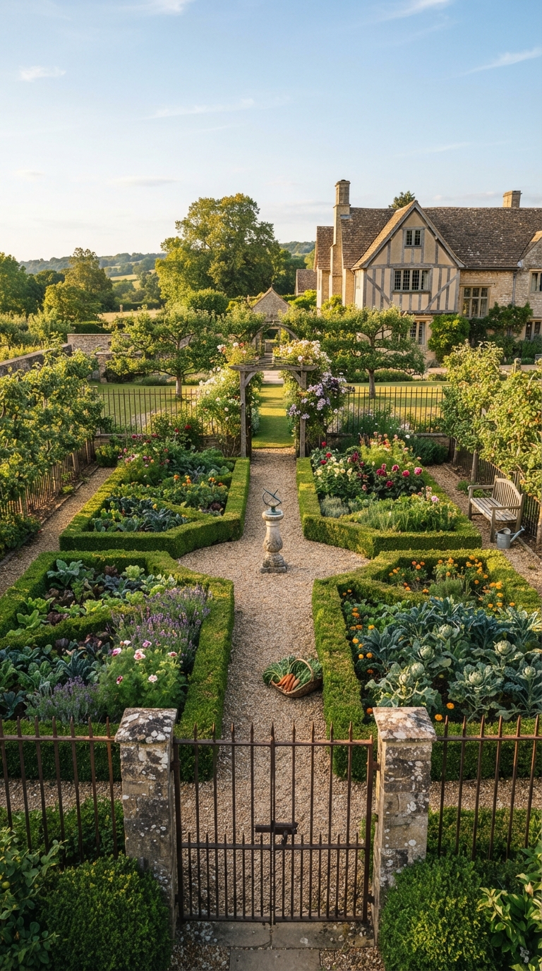 Formal fenced potager garden with boxwood hedges and symmetrical planting beds