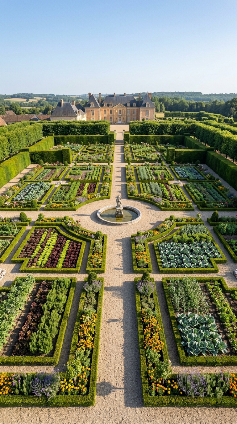 Formal French-style potager garden with symmetrical beds