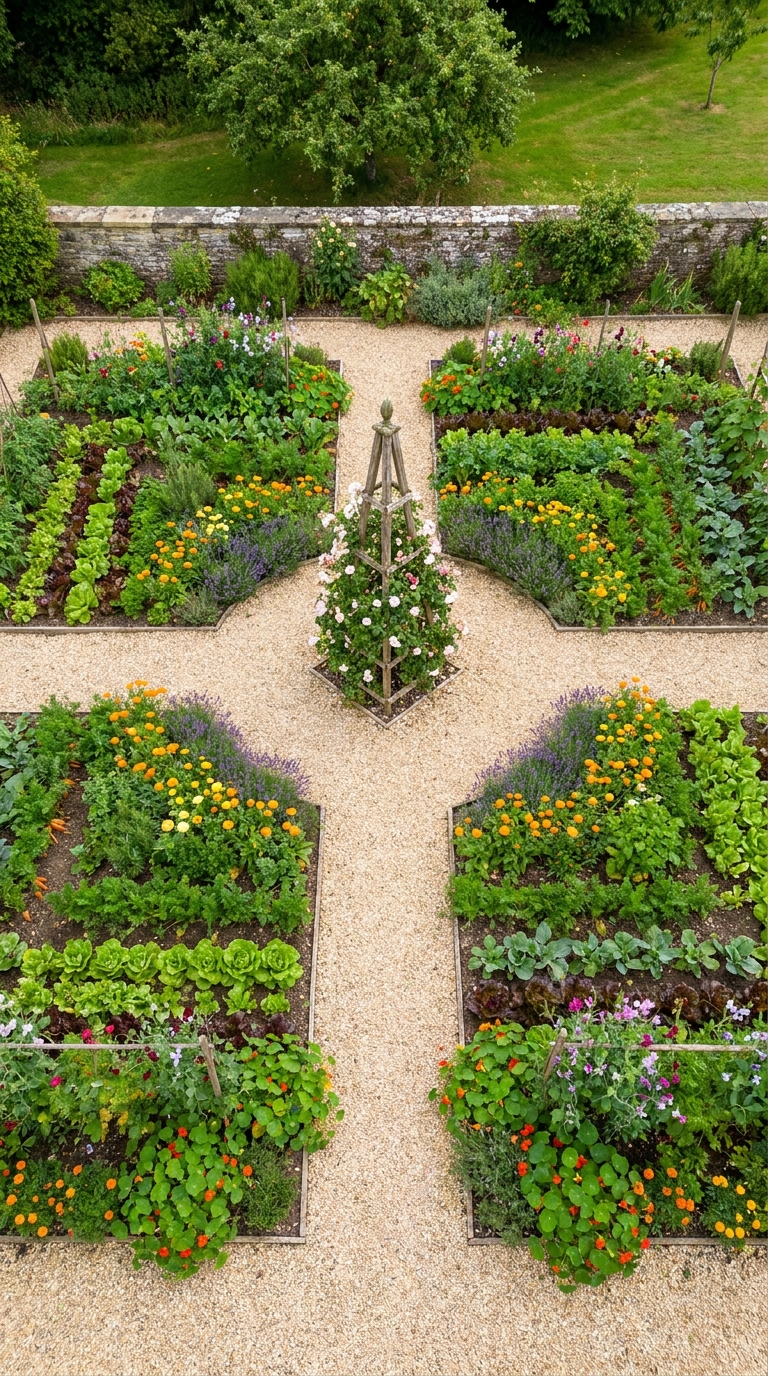 Classic four-square potager garden layout with center focal point