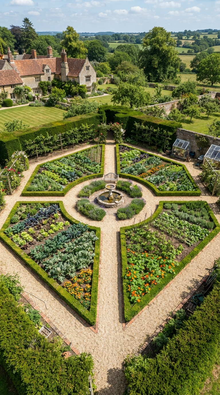 Classic four-square potager garden with symmetrical beds and gravel paths