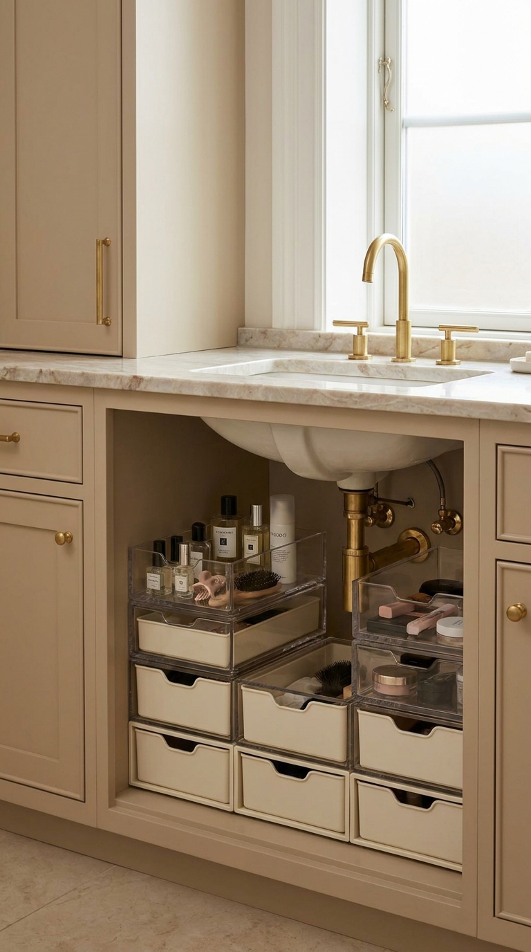 Freestanding stackable drawers organizing small bathroom essentials