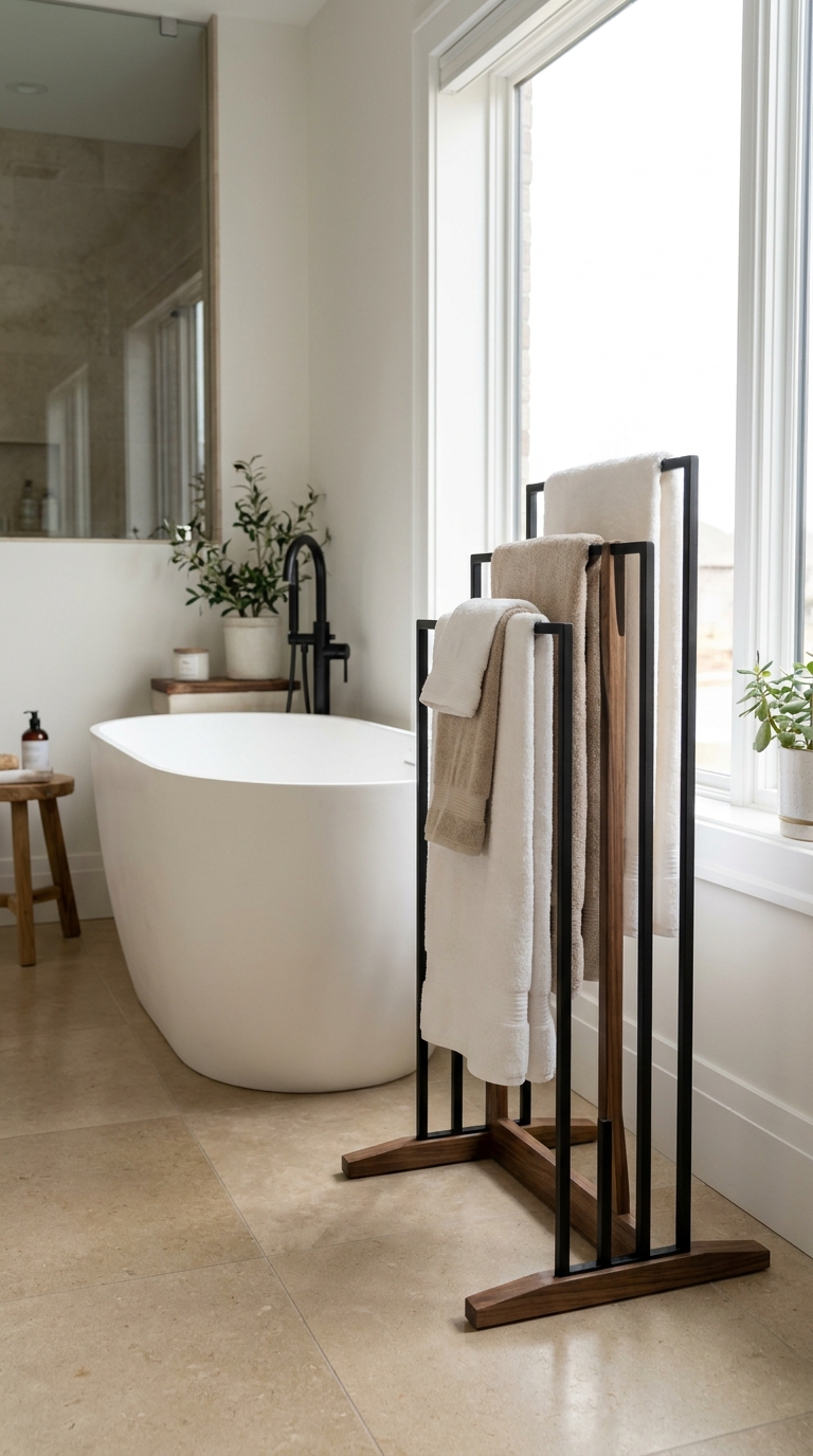 Freestanding towel rack beside a bathtub in a modern bathroom
