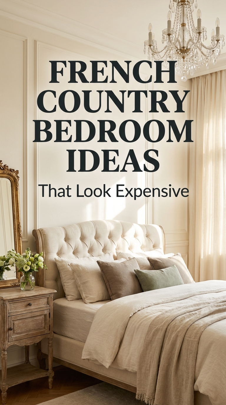 Elegant French country bedroom with vintage furniture, neutral bedding, crystal chandelier, and bold text about affordable luxury bedroom ideas.