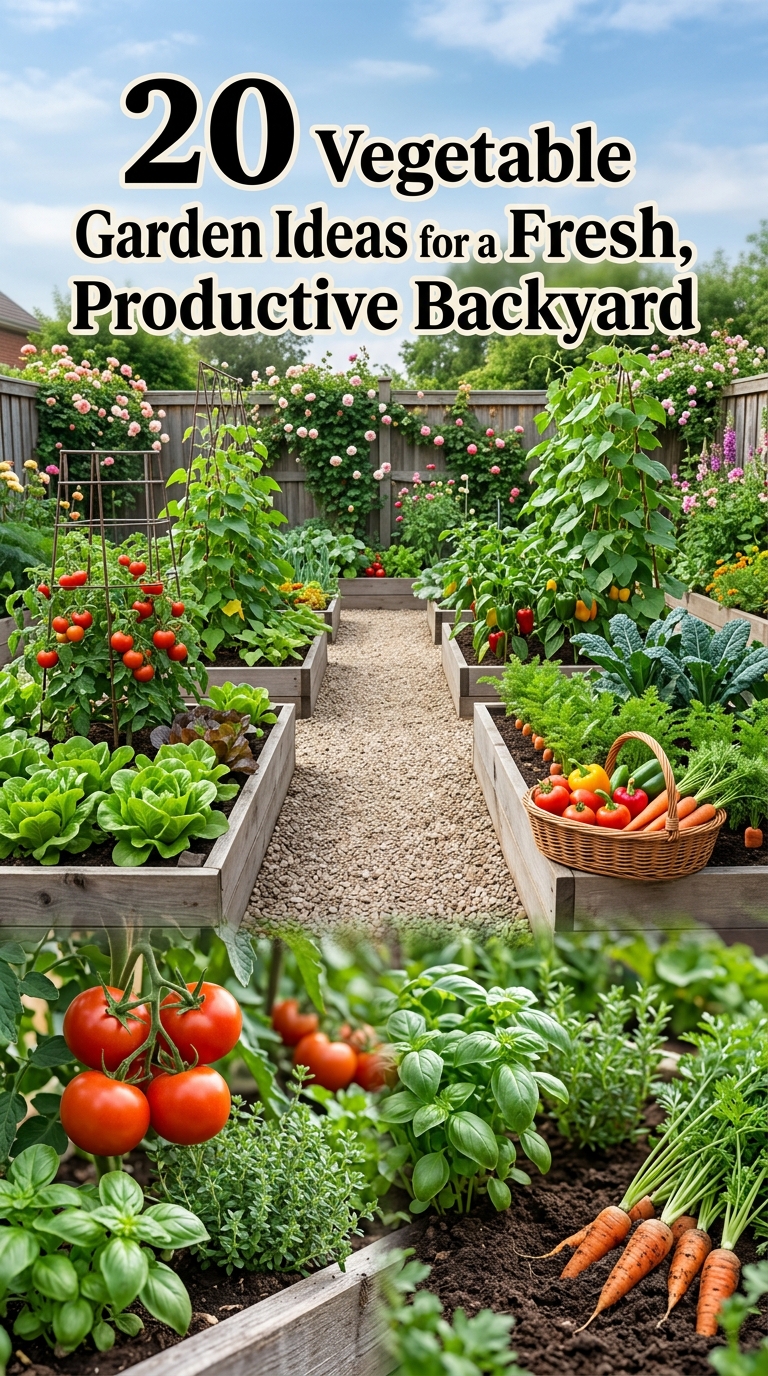 Fresh productive backyard vegetable garden with raised beds, colorful vegetables, herbs, and trellises