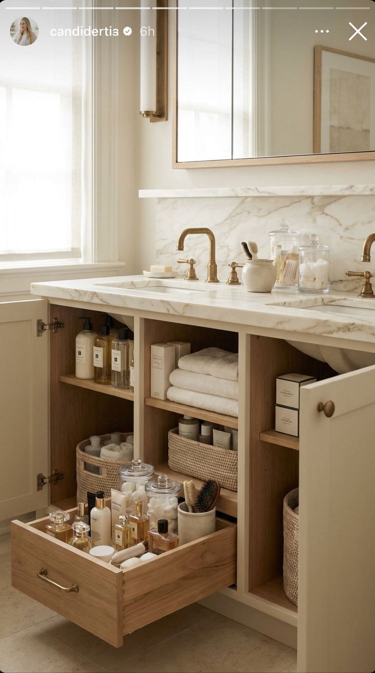 Bathroom cabinet organized with daily items in front and backups in back