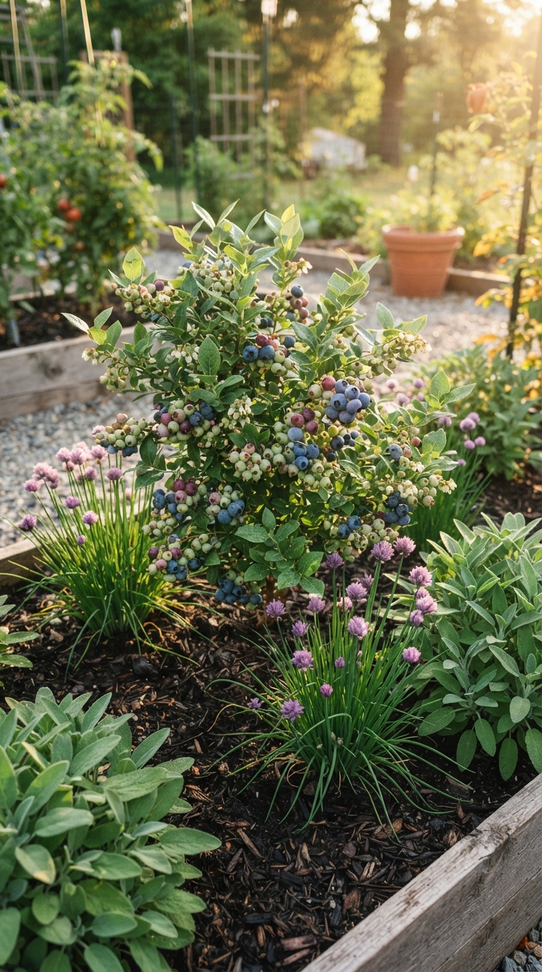 Dwarf blueberry bush surrounded by chives and sage in a fruit and herb combination bed