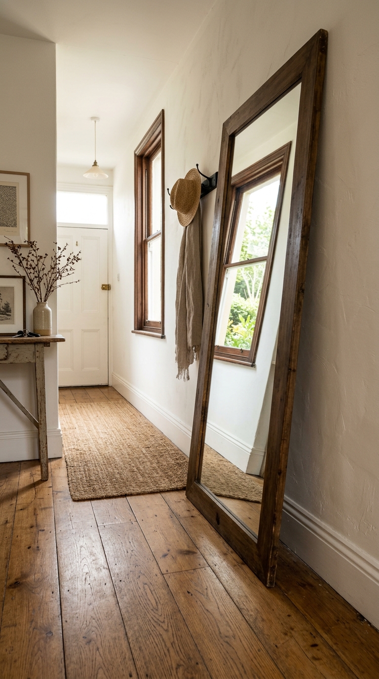 Full-length mirror reflecting light to make a small entryway feel bigger