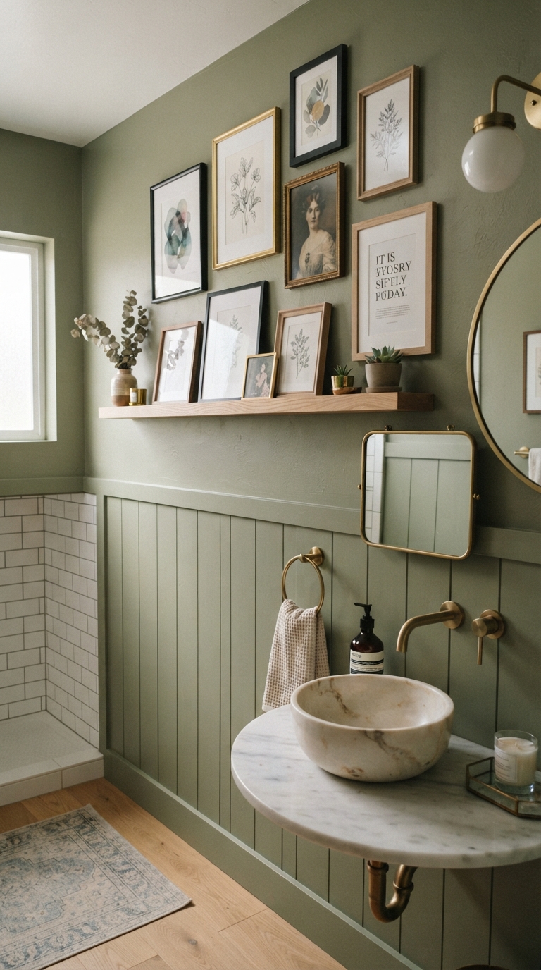 Gallery wall and picture ledge in a half bathroom