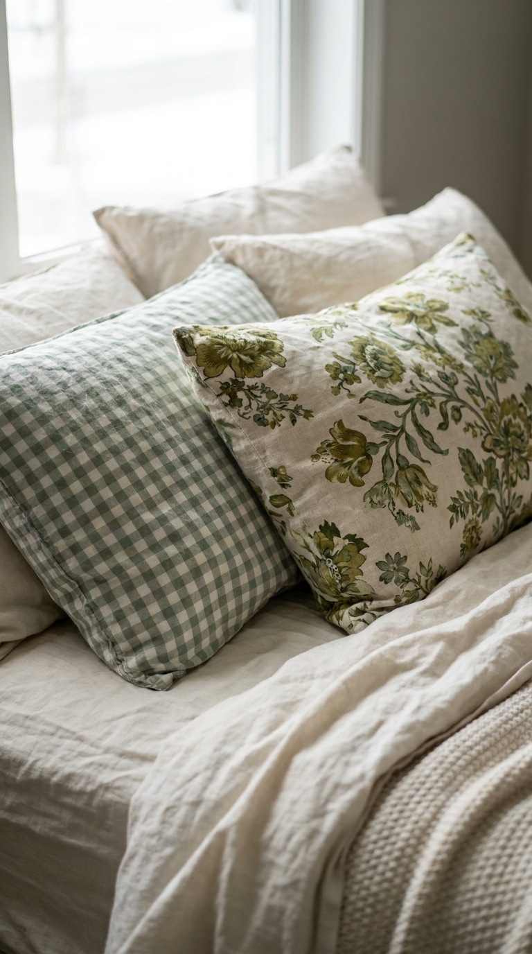 Layered gingham and floral pillows in matching green tones on a bed
