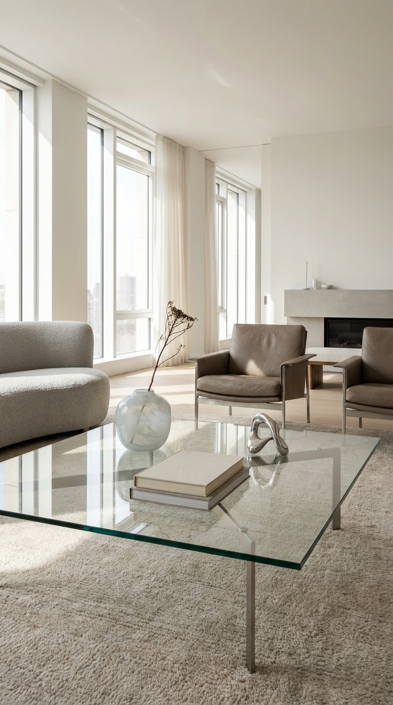 Glass coffee table with minimal pale decor and a visible transparent surface
