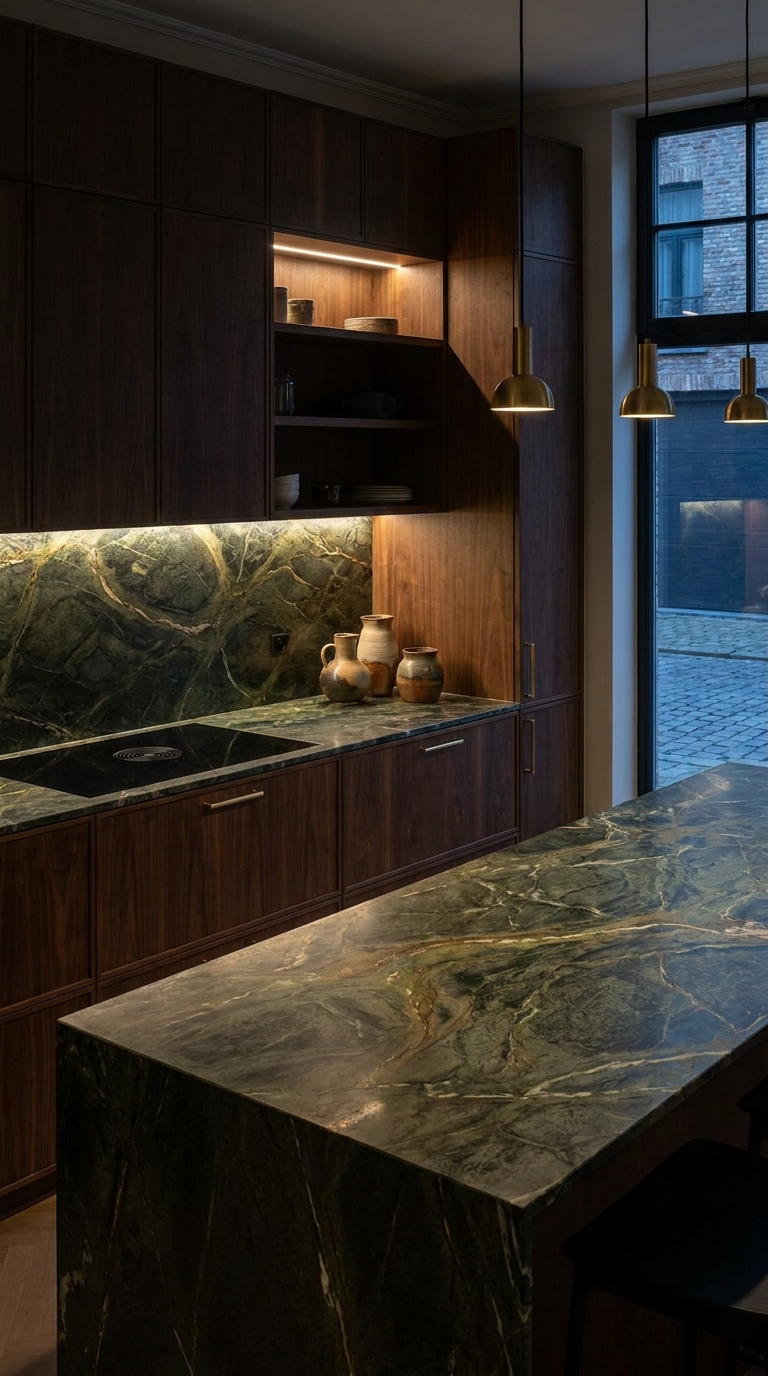 Dramatic Italian kitchen with green marble surfaces, rich walnut cabinetry, and understated brass hardware.