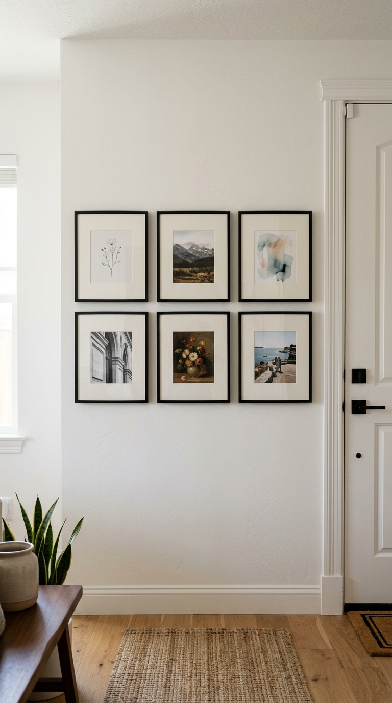 Six-frame black grid gallery wall on a narrow entryway wall