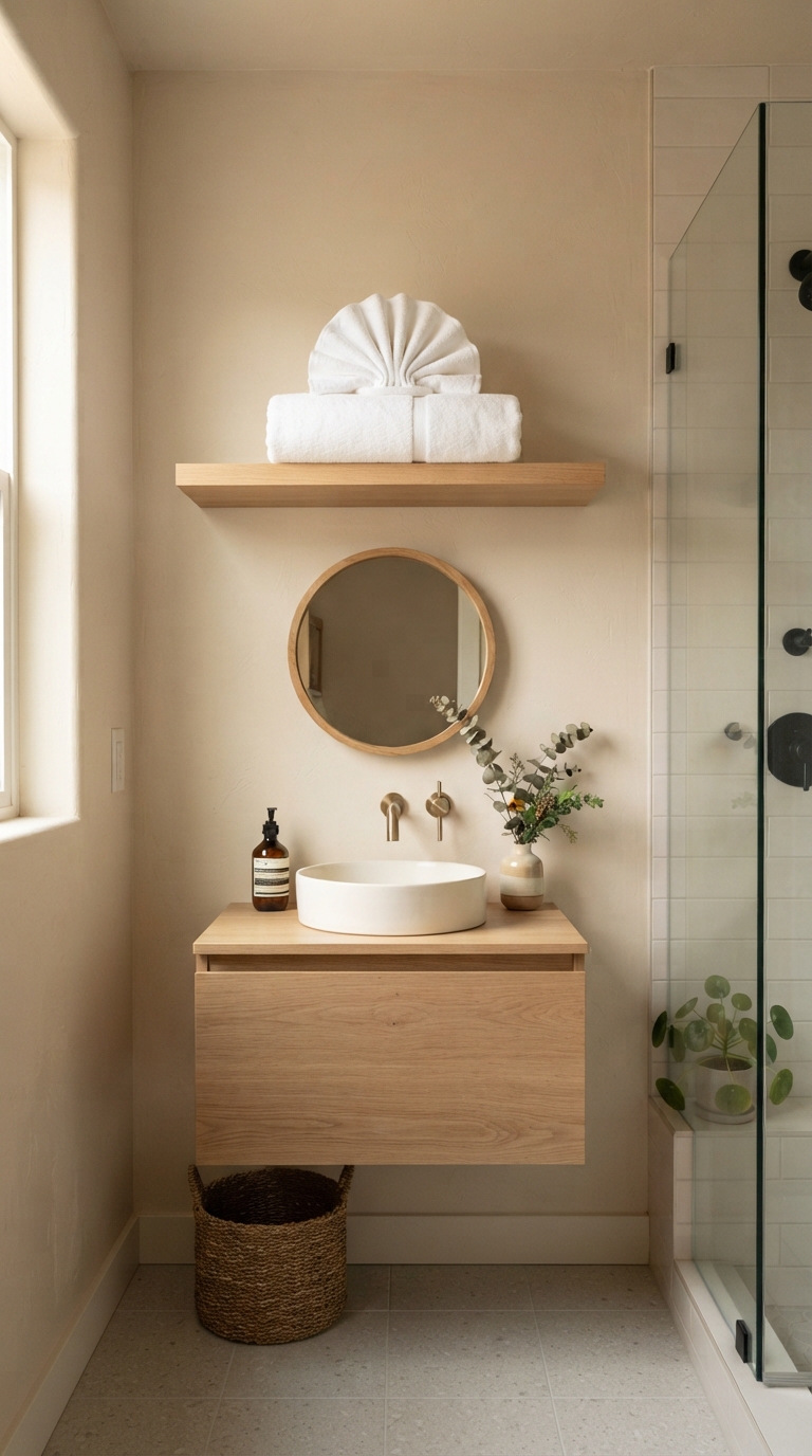 Minimal one-bath-towel and one-hand-towel display in a guest bathroom