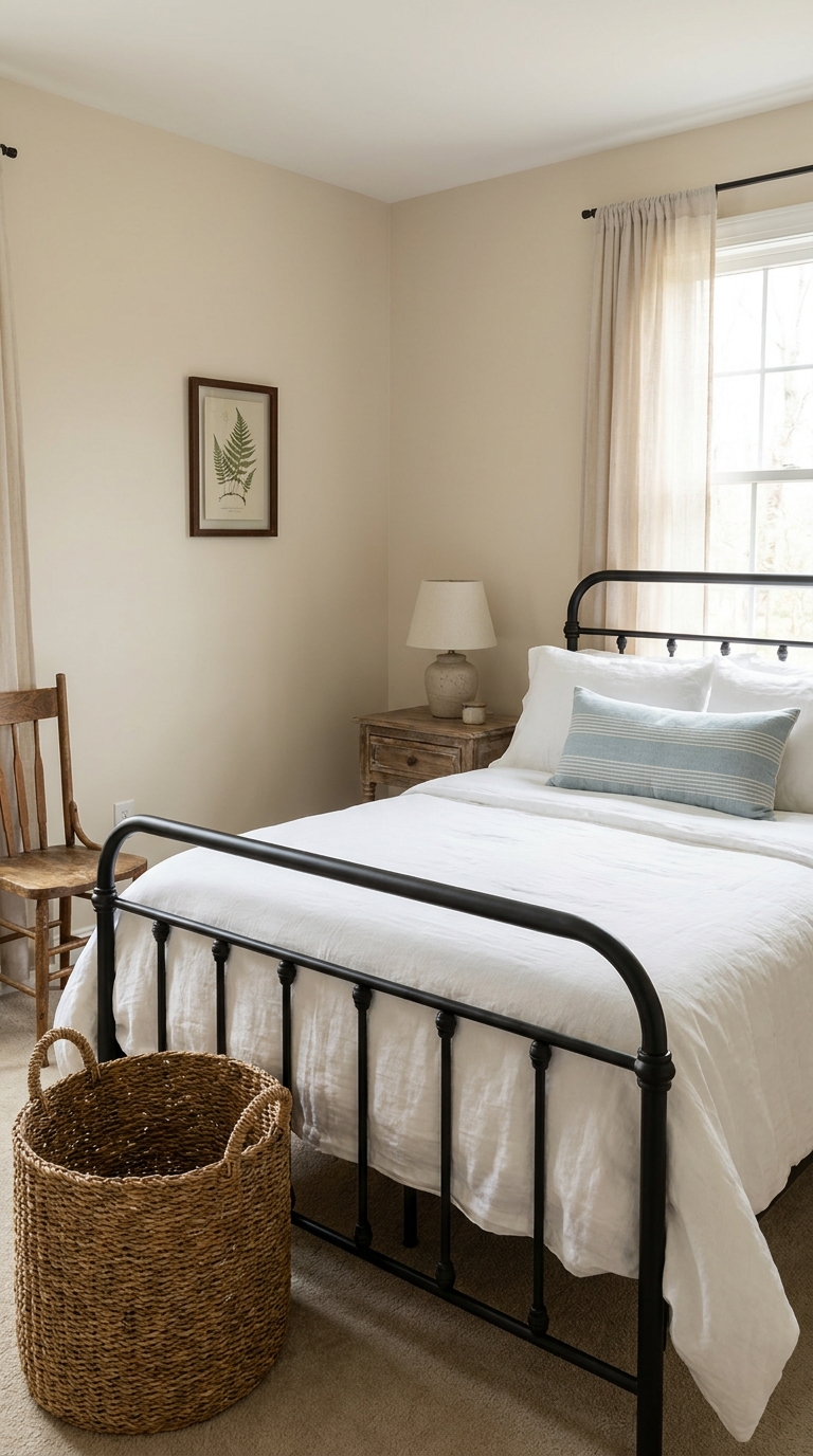 Guest bedroom styled with an iron bed frame in French country style