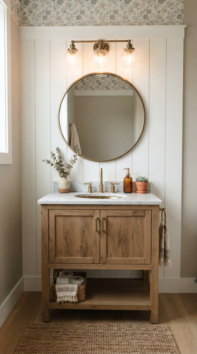 Half bathroom vanity wall styled as the room's focal point