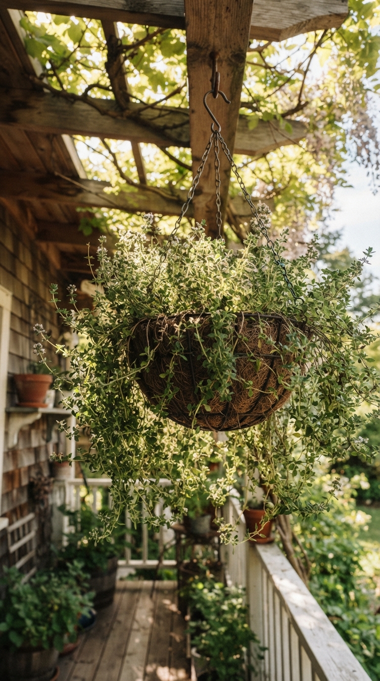Hanging wire basket of trailing thyme and oregano on a porch