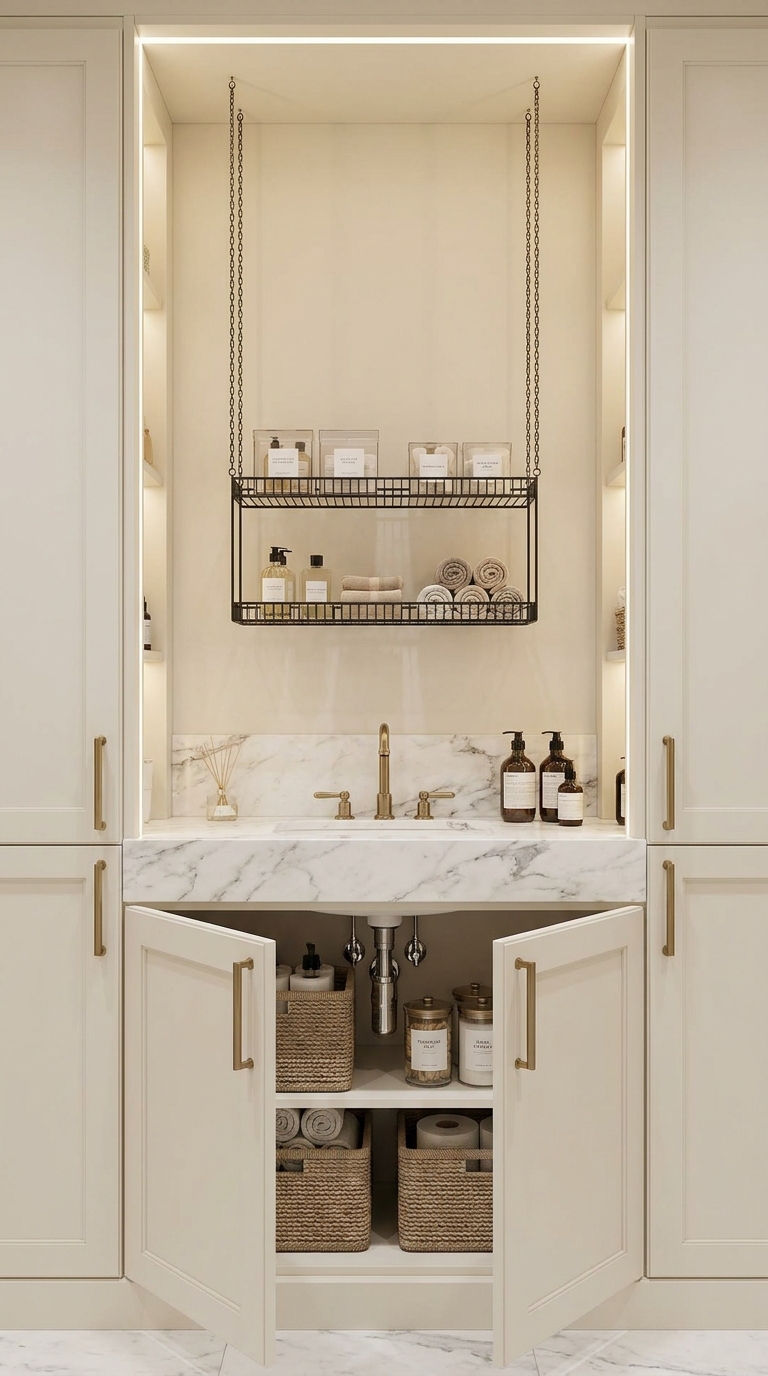 Hanging wire shelf using vertical space inside bathroom cabinet