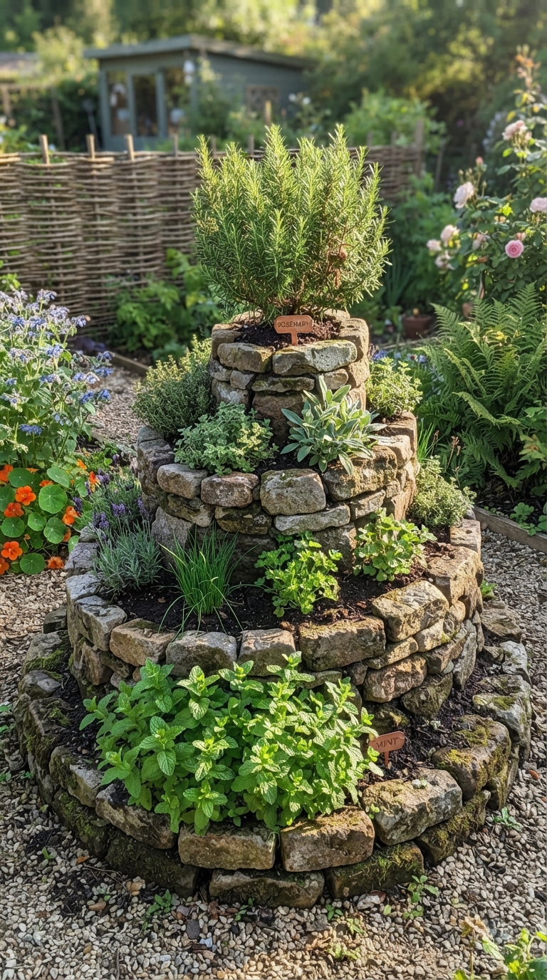 Stone herb spiral garden feature with herbs planted in tiered rings