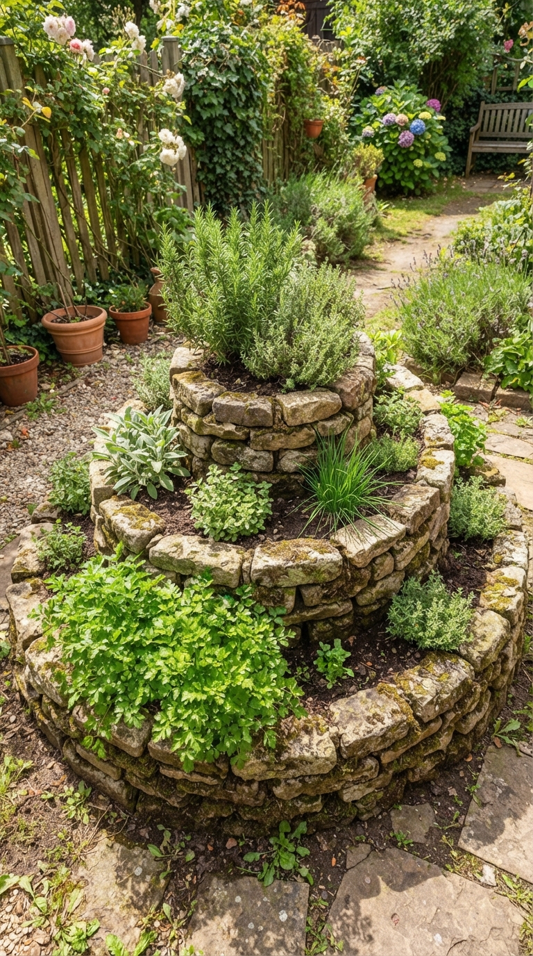 Stone herb spiral garden with rosemary and thyme planted near the top and parsley near the base
