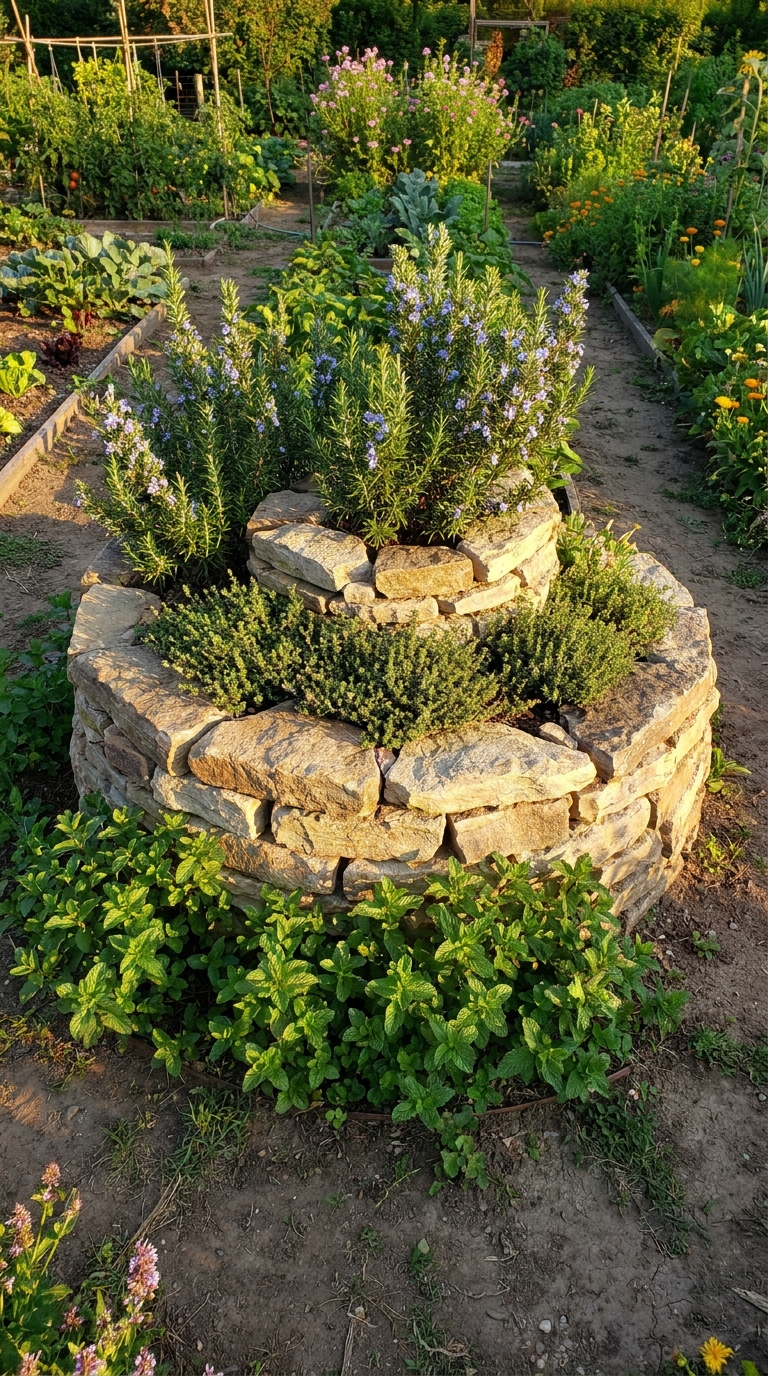 Stone herb spiral garden feature planted with mixed herbs